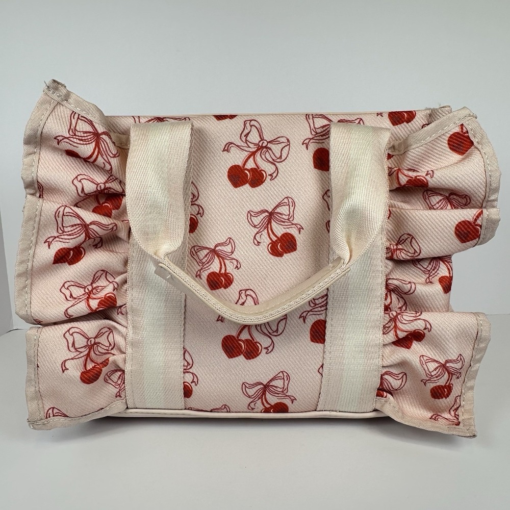 Betsey Johnson Cherry Ruffle Tote Bag Women Pink Red Canvas Crossbody Handbag - Picture 5 of 12